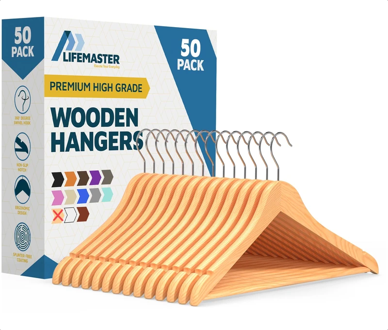 Lifemaster Tough Long Lasting Solid Maple Wooden Clothes Hangers - Pack of 50 Natural Wood Hangers with Rotating Swivel Hooks and Built-in Notches to Organize Jackets, Shirts, and Pants - Image 1