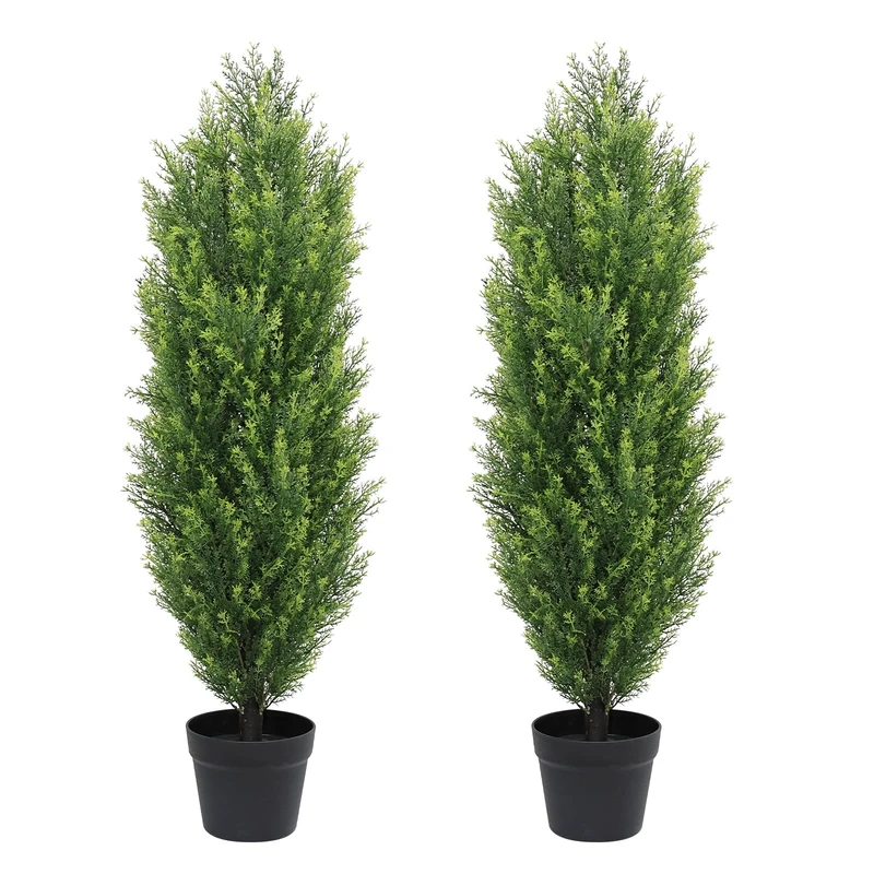 THE BLOOM TIMES 3ft Topiary Trees Artificial Outdoors 2 Pack Fake Outdoor Plants Faux Cedar Pine Bushes and Shrubs Set of 2 for Front Porch 3 Foot