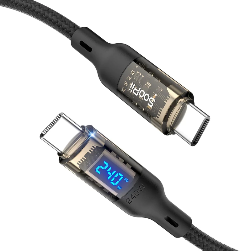 SOOPII USB C to USB C cable [240W 10ft],Fast Charging USB C Cable with LED display for MacBook Pro,lPhone 16/15/15 Pro/15Pro Max,Galaxy S23+/S23 Ultra/S22 Ultra,etc.,Transparent shell,(Black)