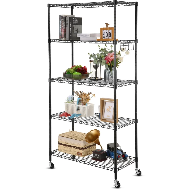 BATHWA Sturdy Chrome Wire Rack with Wheels, Adjustable 5 Tier Heavy-Duty Shelving, Multi-Functional Mobile Cart in Industrial - Ideal for Office, Kitchen, Closet, Laundry Room, and More, Black