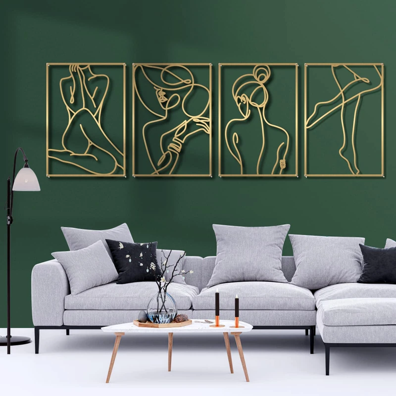 Glamativity Large 4 Pack Gold Wall Art, Minimalist Single Line Art, Real Metal Wall Art, Woman's Body Shape Abstract Art (Gold Elegant Style, L Size 22.5 x 15.7'')