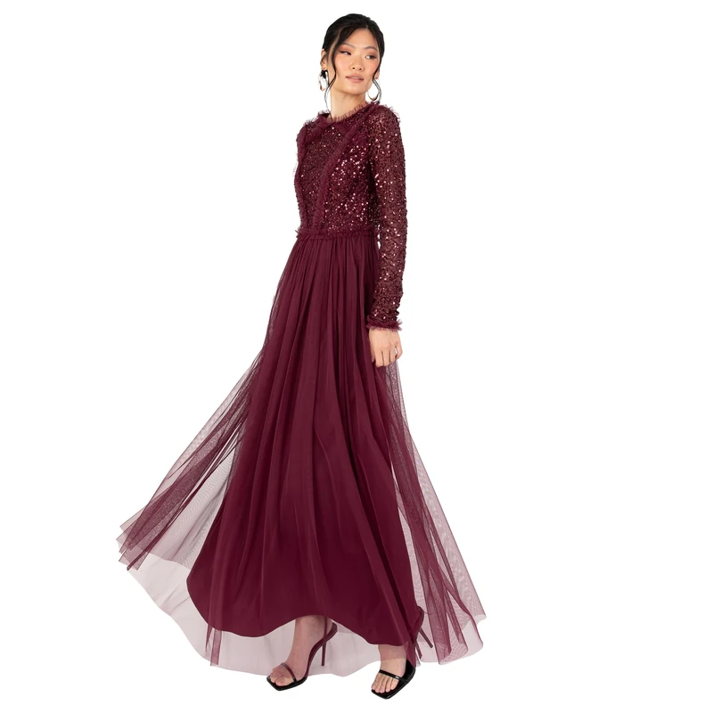 Maya Deluxe Women's Maxi Dress Ladies Crew Neck Long Sleeve Sequin Embellished Tulle Ruffle for Wedding Guest Bridesmaid Ball Gown, Red Berry, 18
