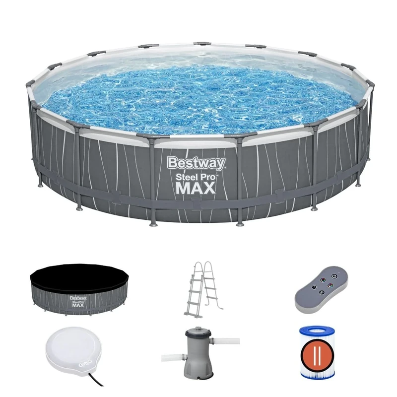 Bestway, 15ft Steel Pro MAX Round Above Ground Pool Set with LED Lights, Outdoor Garden Family Swimming Pool