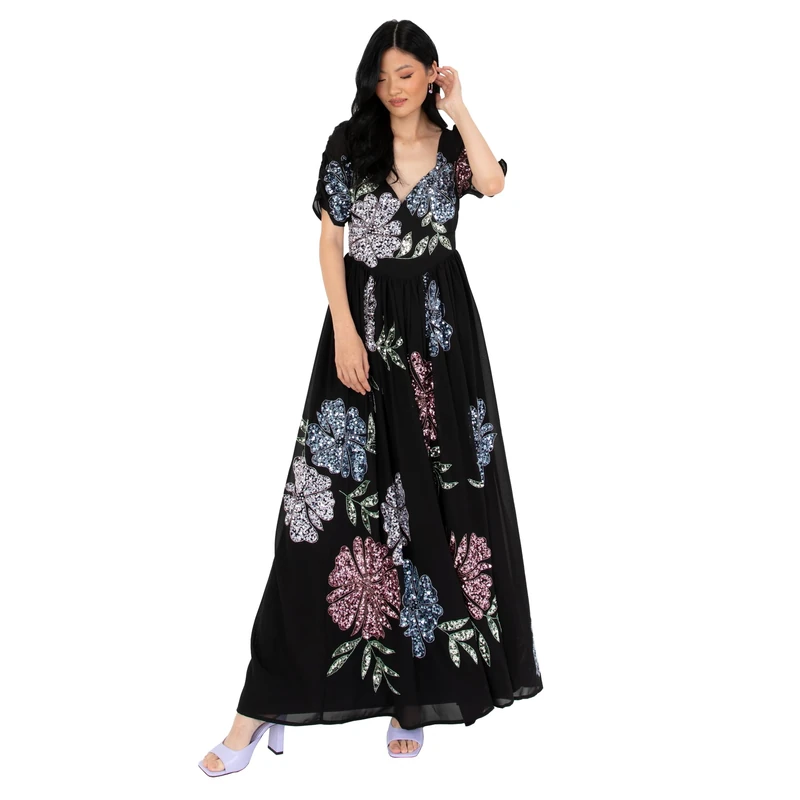 Maya Deluxe Women's Embellished Floral Maxi Dress - Black