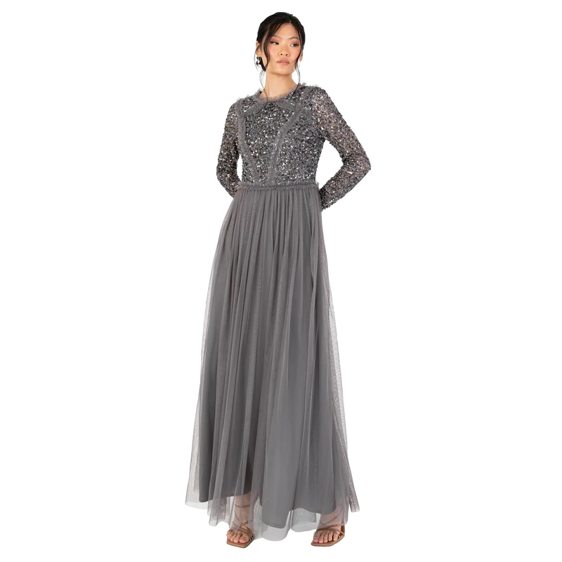 Maya Deluxe Women's Maxi Dress Ladies Crew Neck Long Sleeve Sequin Embellished Tulle Ruffle for Wedding Guest Bridesmaid Ball Gown, Charcoal, 6