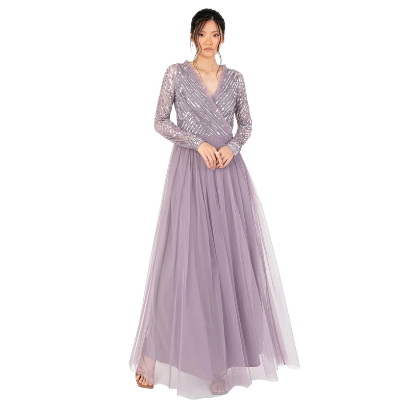 Maya Deluxe Women's Maxi Dress Ladies Embellished Wrap Tulle Frilly V-Neck Long Sleeve for Wedding Guest Bridesmaid Prom Ball Gown, Moody Lilac, 22