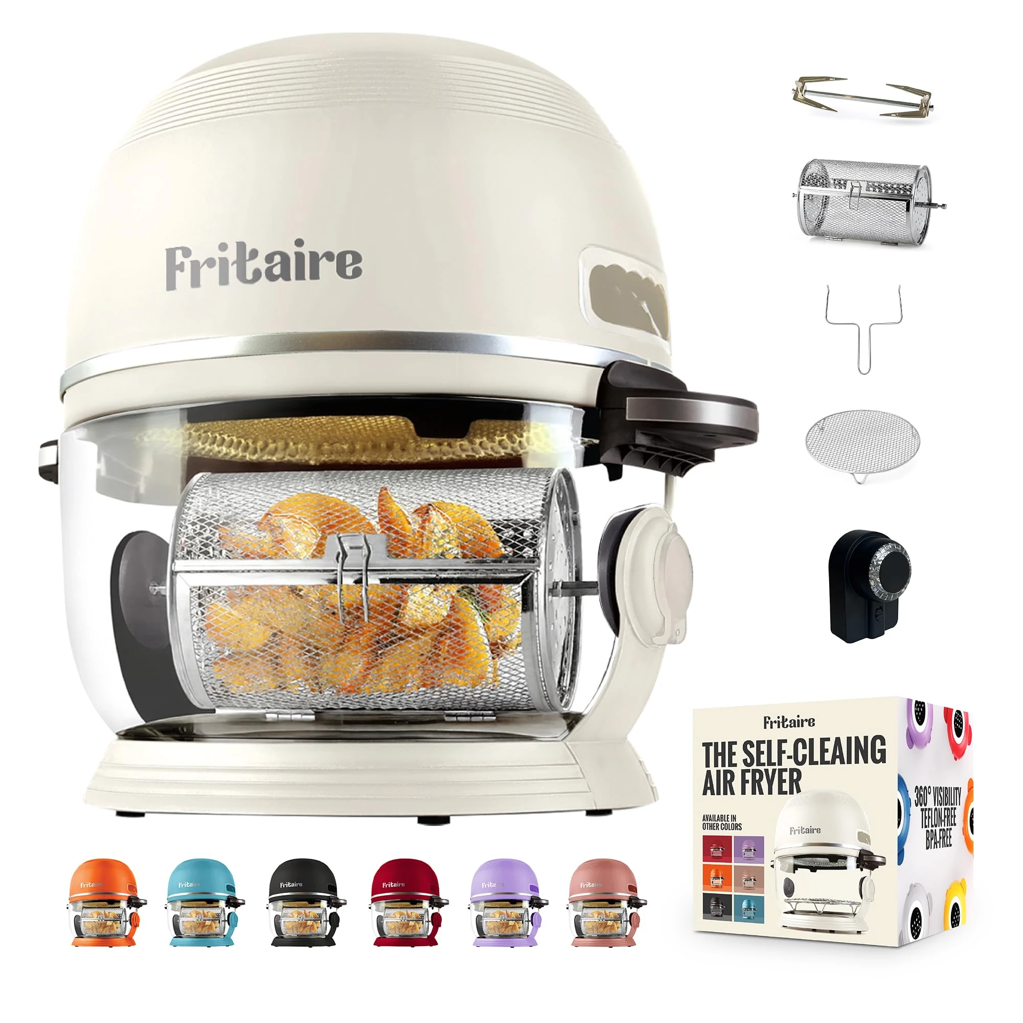 Fritaire - White Air Fryer, Non-Toxic for 3-5 people with 360 Visibility, Easy Self-Cleaning, Teflon & BPA-Free, Vortex for Even Cooking, Rotisserie, Roast, Bake, Dehydrate.