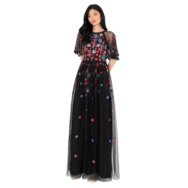 Maya Deluxe Women's Maxi Dress Ladies Ball Gown for Wedding Guest Short Sleeve Polka Dot Floral Sequin Embellished Prom Occasion Dresses, Black