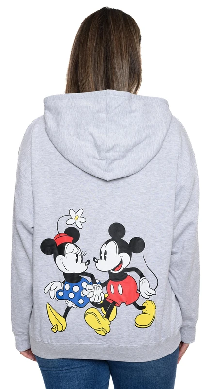 Disney Hoodie Womens Mickey & Minnie Mouse Print Zip Up, Light Grey, XL - Image 1