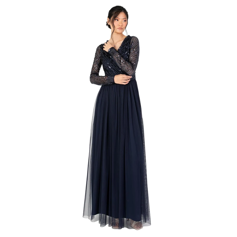 Maya Deluxe Women's Maxi Dress Ladies Embellished Wrap Tulle Frilly V-Neck Long Sleeve for Wedding Guest Bridesmaid Prom Ball Gown, Navy, 6