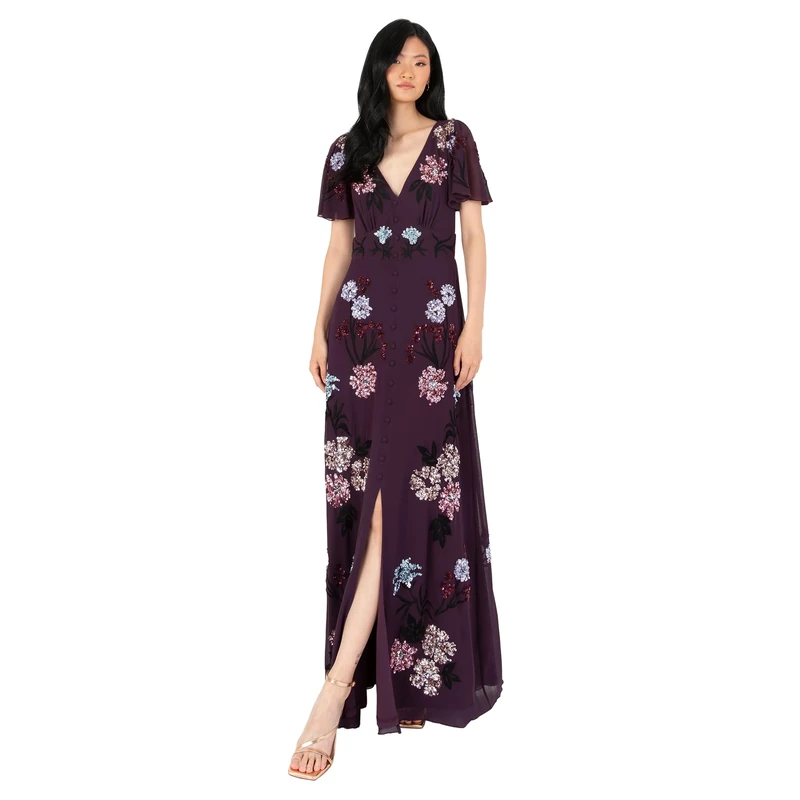 Maya Deluxe Women's Maxi Dress Ladies Embroidered Sequin Embellished Button Front Split for Wedding Guest Bridesmaid Prom Evening Dresses,