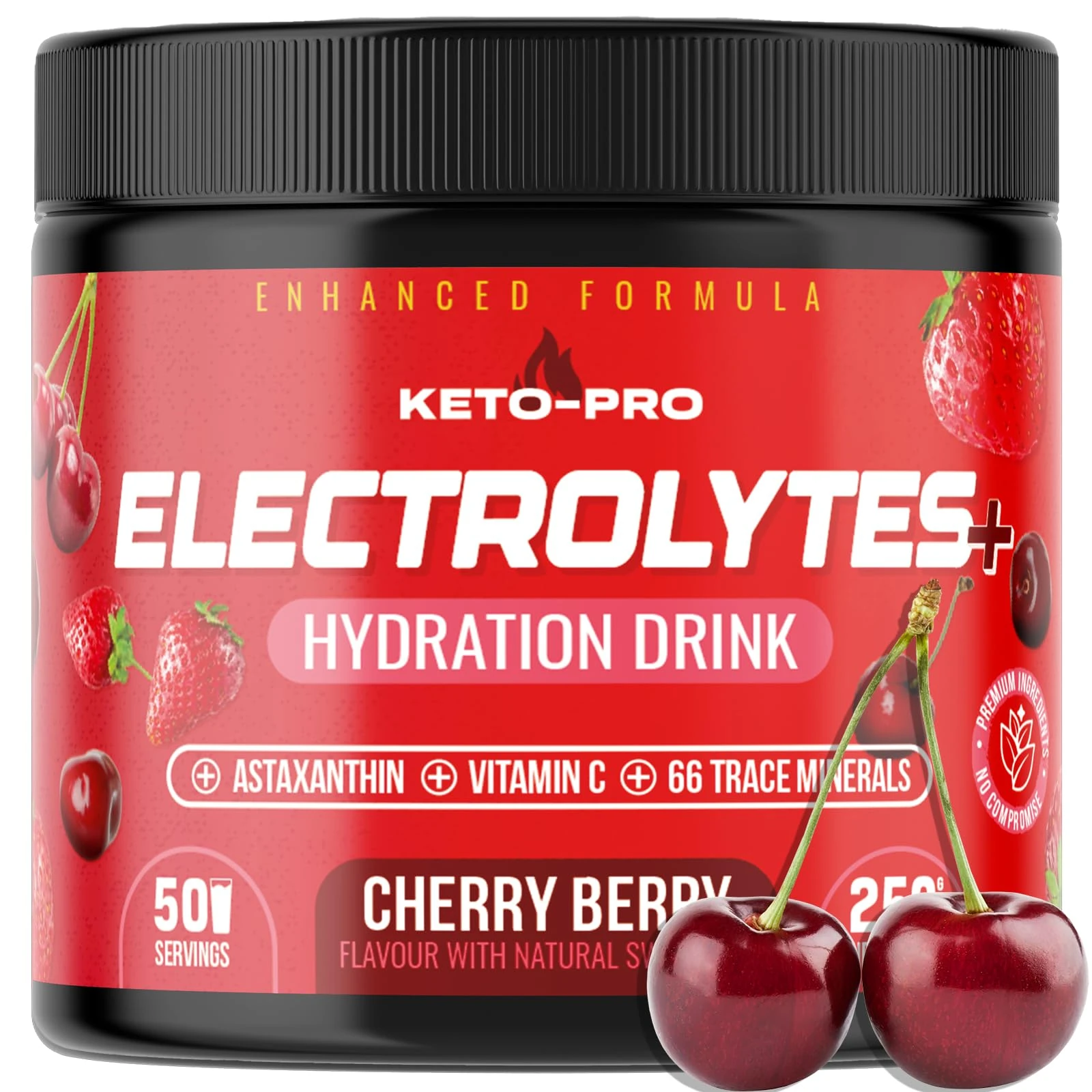 Keto-Pro Keto Electrolytes 250g - 50 Servings | Electrolyte Powder & Salts with Astaxanthin | Supporting Fasting, Health & Fitness Goals | Cherry Berry Flavour