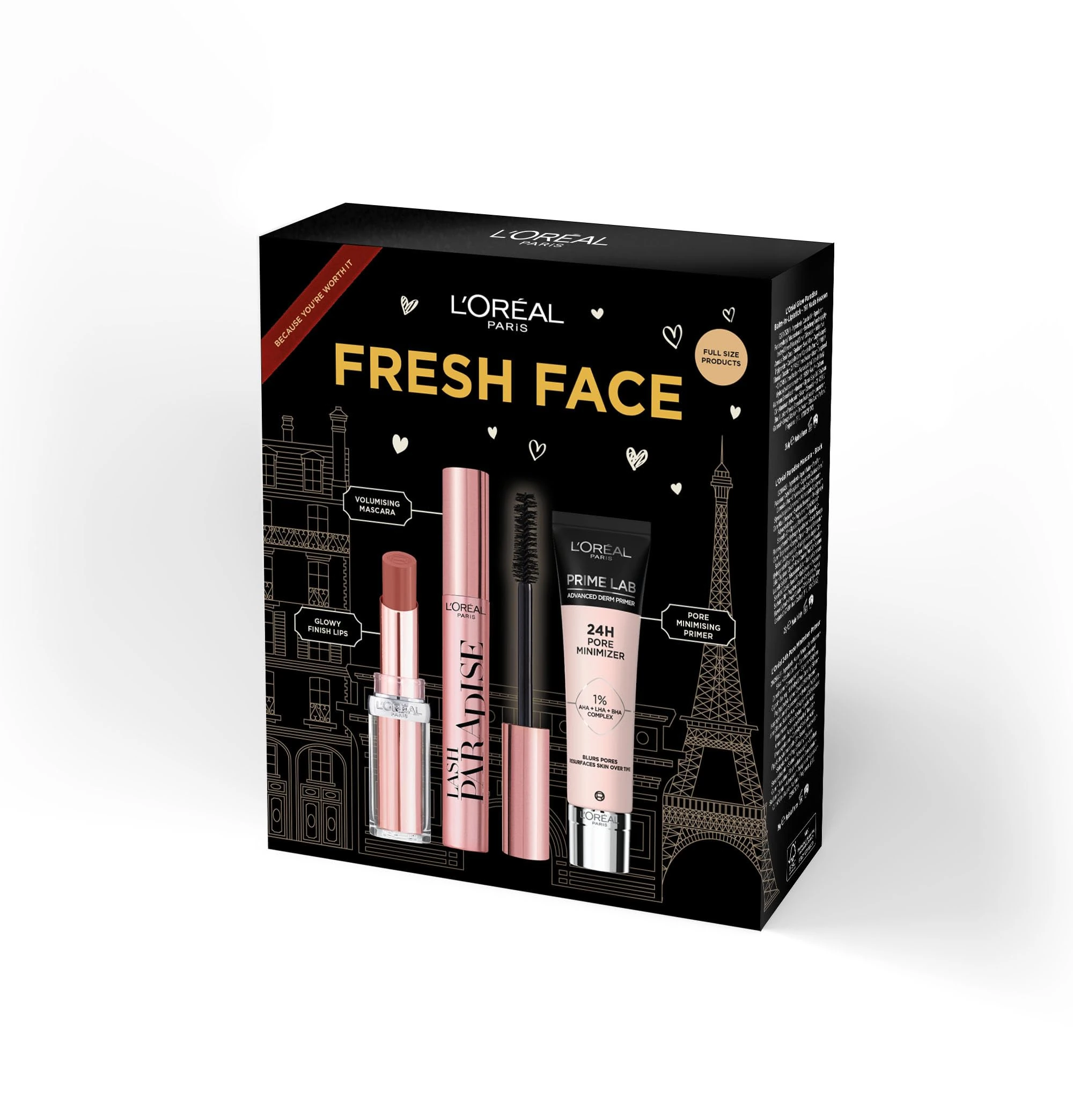 L'Oréal Paris Fresh Face Trio Gift Set Prime Lab 24H Pore Minimiser Primer, Hydrating Balm-In-Lipstick In 191 Nude Heaven & Lash Paradise Mascara Enriched With Lash-Loving Castor Oil