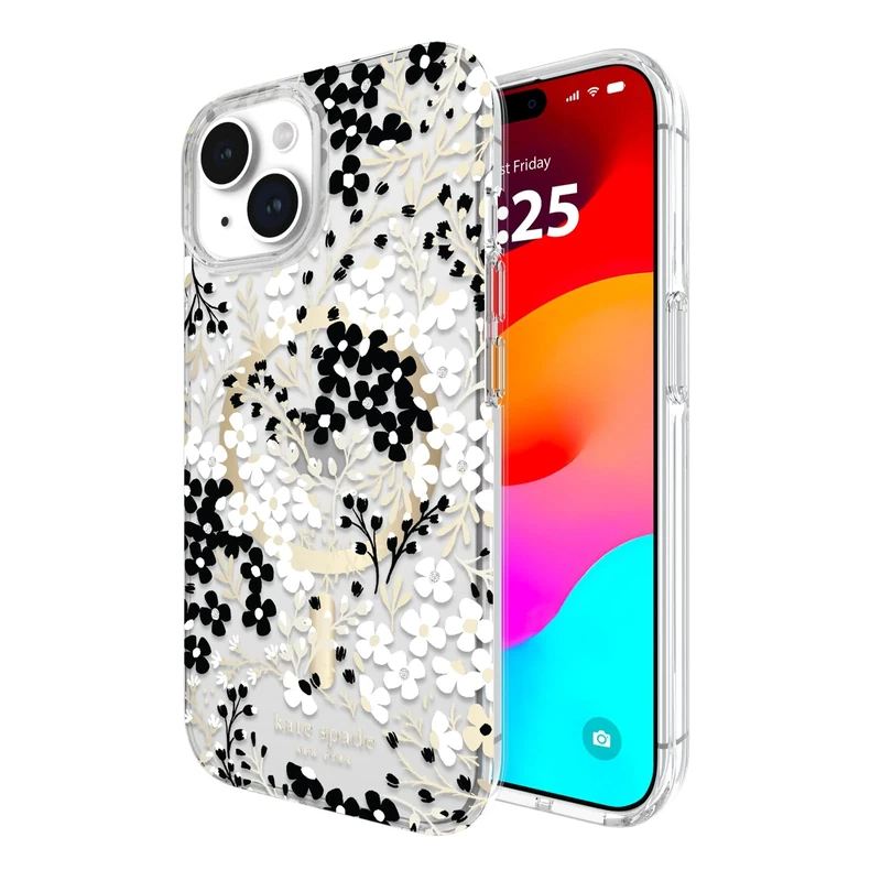 Kate Spade New York iPhone 15/iPhone 14/iPhone 13 Case, Compatible with MagSafe - Multi Color Floral Black and White