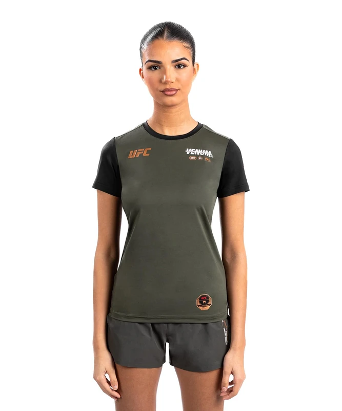Venum, UFC Adrenaline Fight Week Women’s Dry-Tech T-Shirt, Women's, XS, Khaki/Bronze