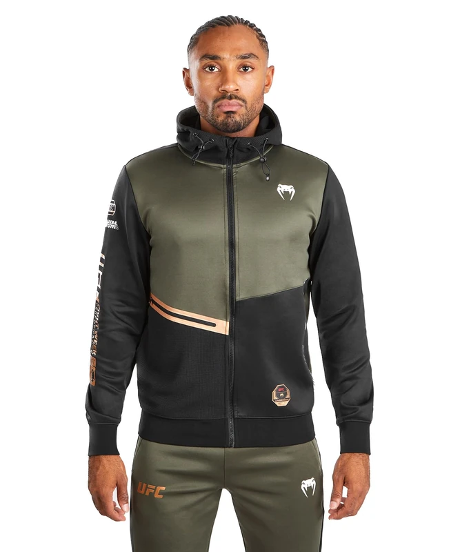 Venum, UFC Adrenaline Fight Week Men’s Zip Hoodie, Men's, M, Khaki/Bronze - Image 1