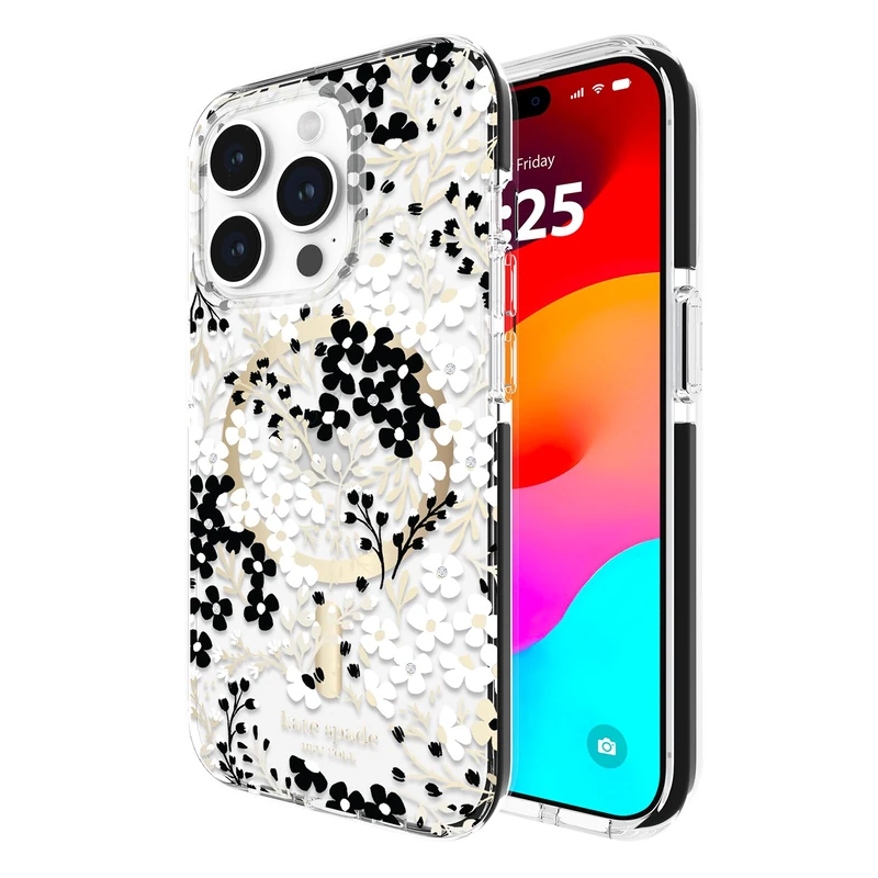 Kate Spade New York iPhone 15 Pro Case, Compatible with MagSafe - Multi Floral Black and White