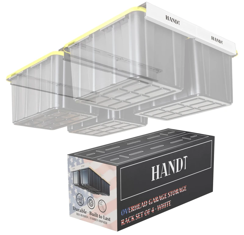 HANDT Overhead Garage Storage Rack, Ceiling Tote Bin Organization Rails Shelving Racks System, Heavy Duty Hanging Metal Rack Systems for 27 Gallon Container, Supports Most Other Bins, 4 Sets White