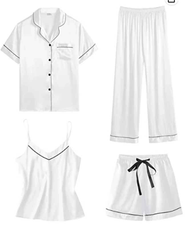 Silk Pajamas for Women Home Suit Short Sleeve Shirt + Pants Pyjamas Set Satin Nightwear Sleepwear Nightgown Summer Clothing,White,M