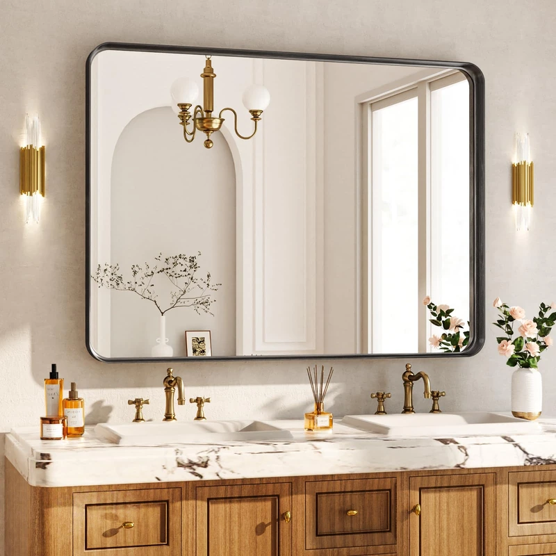 Koonmi Deep Frame, Wall Mirror, 48 x 29.5 inches, Luxury High-end Rectangular Bathroom Mirror, Filleted Corner Frame, Mirror, Hanging Horizontally or Vertically, Black
