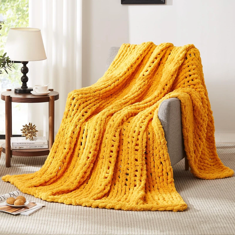 L'AGRATY Chunky Knit Blanket Throw - Soft 100% Hand-Knit Chenile Crochet Throw Blanket 60x80 Mustard Yellow