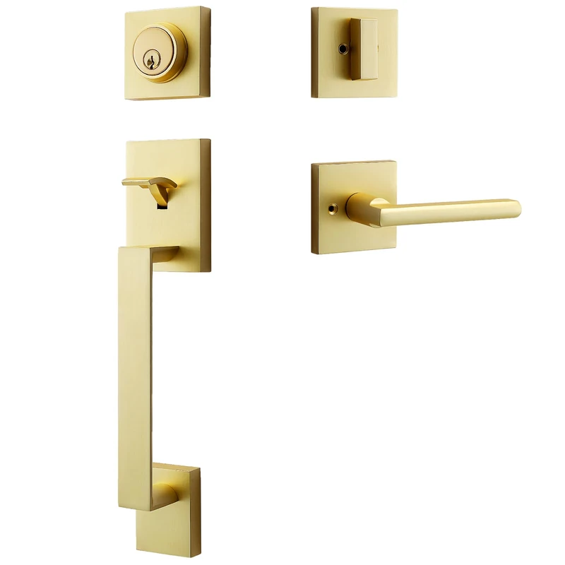 dairazan Modern Satin-Brass Front Door-Handle - Entry Door Lock with Single Cylinder Deadbolt,Exterior Door Lever Set 3 Keys,Reversible for Left and Right Hand Door