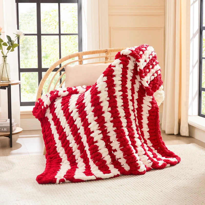 L'AGRATY Chunky Knit Throw Blanket for Couch, 40 x 50 Inches, Red White