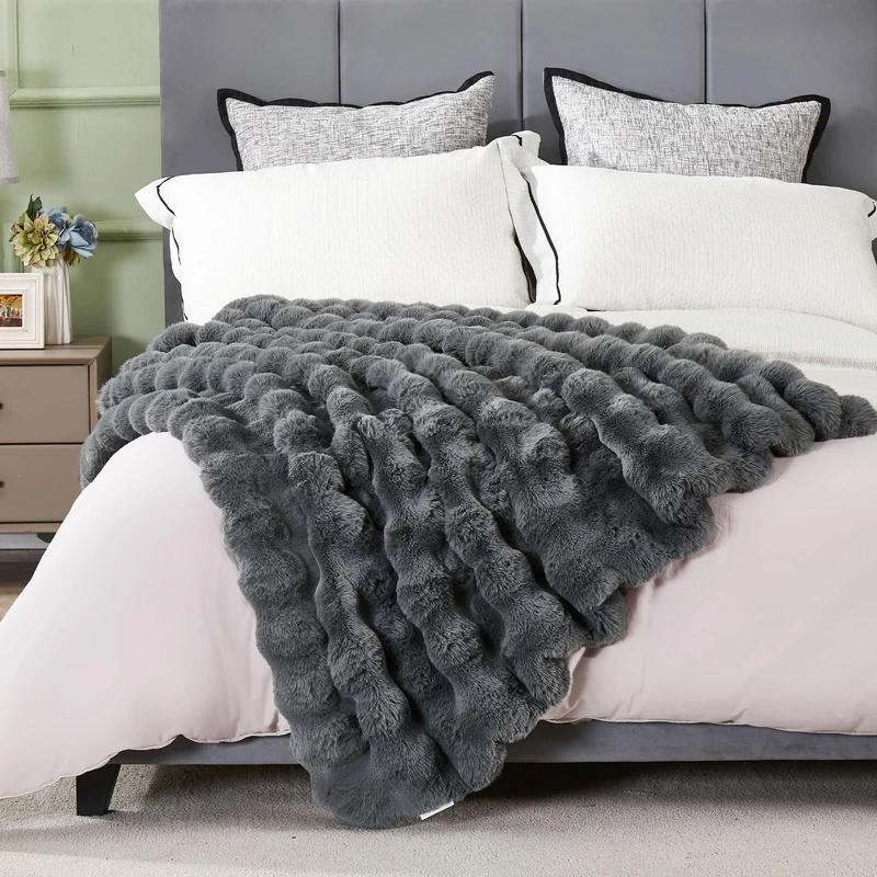 DREAMNINE Soft Fuzzy Bubble Faux Rabbit Fur Throw Blanket for Couch 50" x 60", Double Sided Long Shaggy Thick Warm Fluffy Blankets for Winter, Decorative Luxury Gray Cozy Plush Cute Furry Blanket,Grey