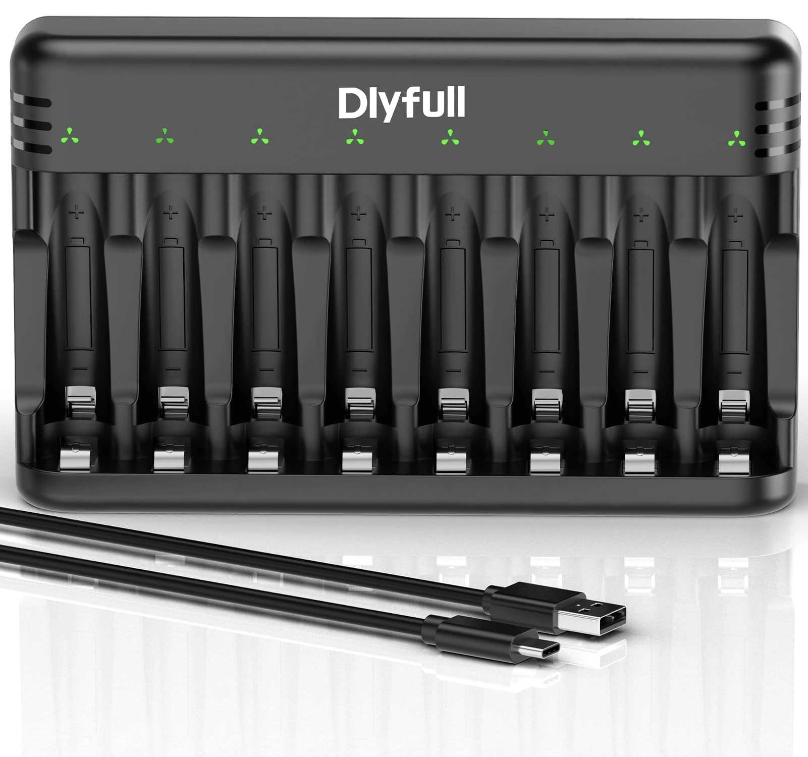 Dlyfull 8 Bay AA AAA Battery Charger with USB-C Port and Independent Slot, Rechargeable Battery Charger for 1.2V Ni-MH/CD Batteries, Cable Included