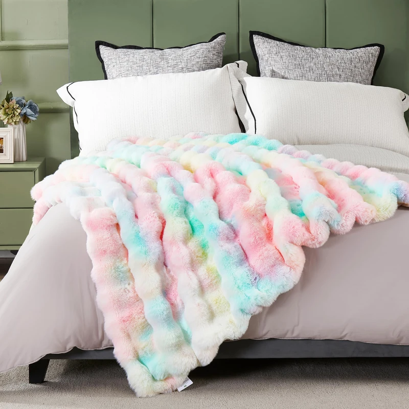 DREAMNINE Decorative Colorful Soft Thick Faux Fur Throw for Kids, Girl, Women - 50" x 60", Luxury Rainbow Tie-dye Fleece Fuzzy Blanket - Warm, Cozy, Plush for Winter - Cute, Lovely
