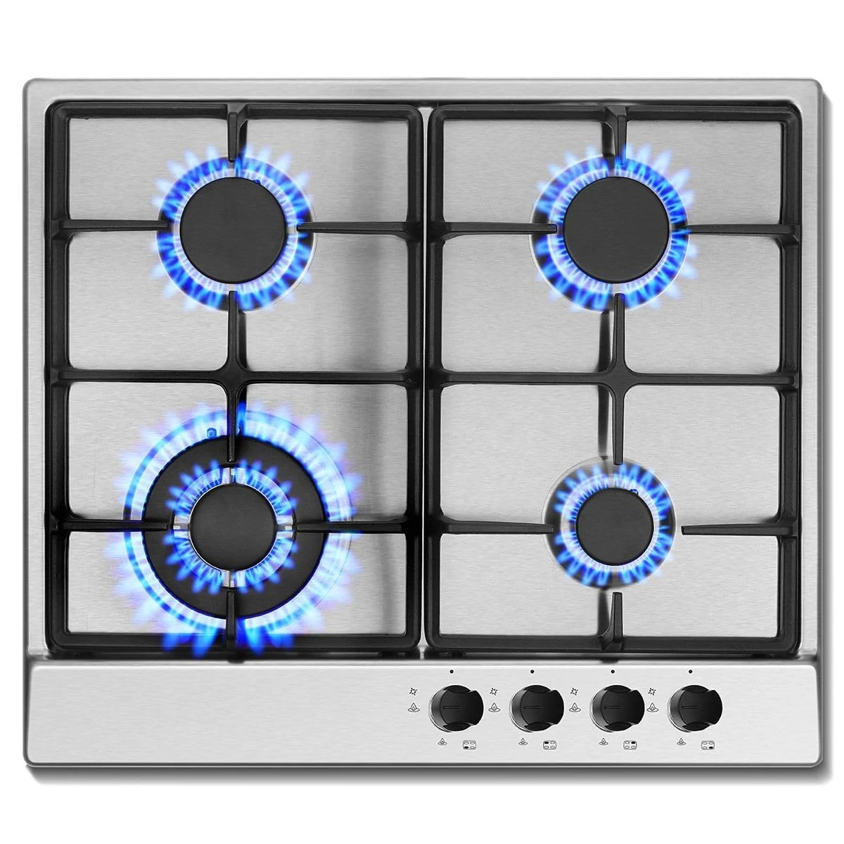 SNDOAS Gas Hob 4 Burners, 60cm Stainless Steel Cooktop, Built-in Gas cooker Hob, 8060W, NG/LPG Convertible, Silver Metallic Finish with Automatic Ignition