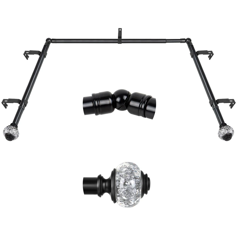 3/4 Inch Bay Window Curtain Rods, USFOOK Telescoping Black Curtain Rods for Bay Windows 36-72 Inch (Center Rod), 20-36 Inch (Side Rods), Translucent Finials - Image 1