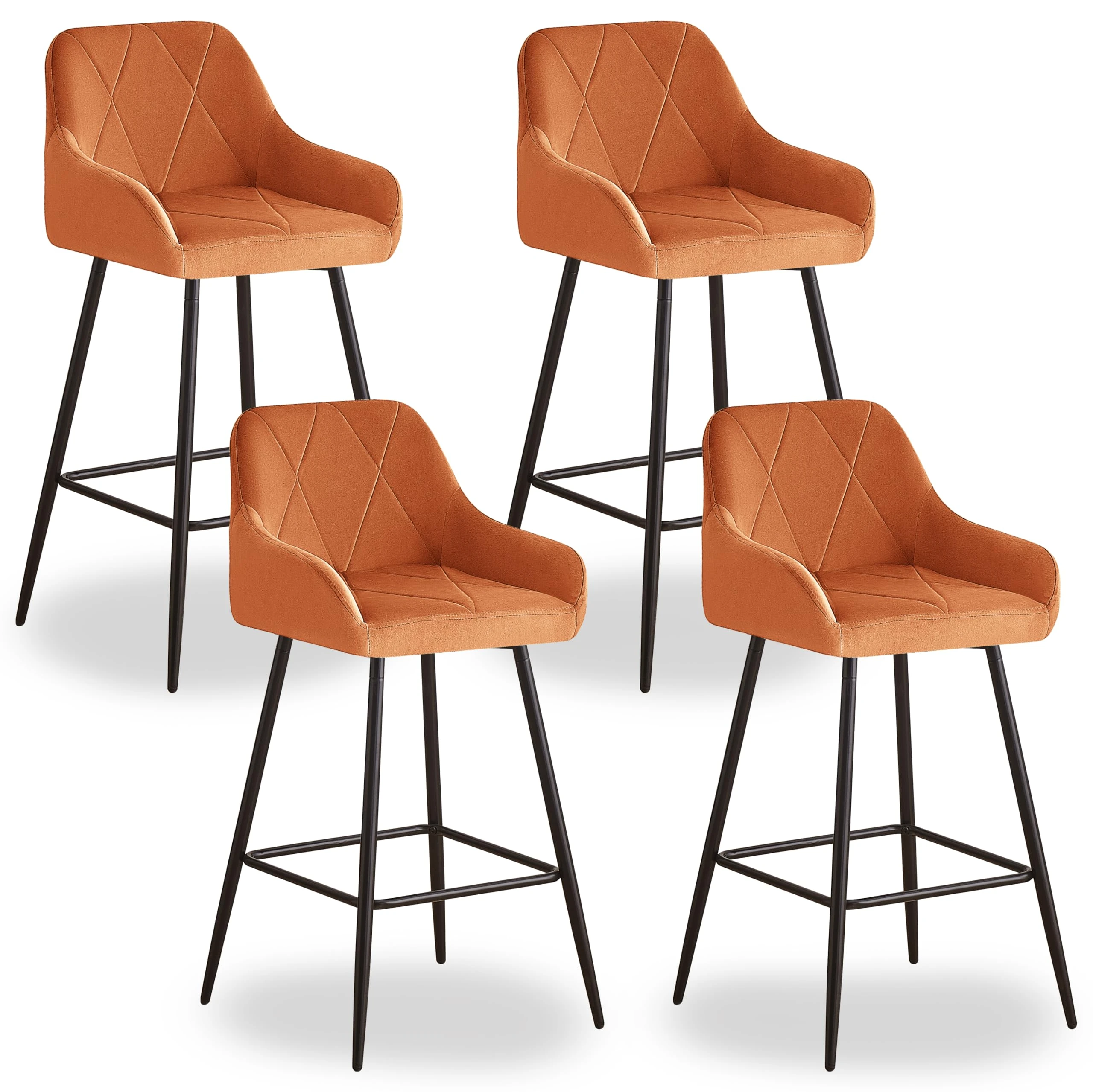 JaHECOME Bar Stools Set of 4, Velvet with Backrest and Armrest Breakfast High Supported Black Metal Legs Kitchen Stools for Bar, Counter, Kitchen, Home(Orange)