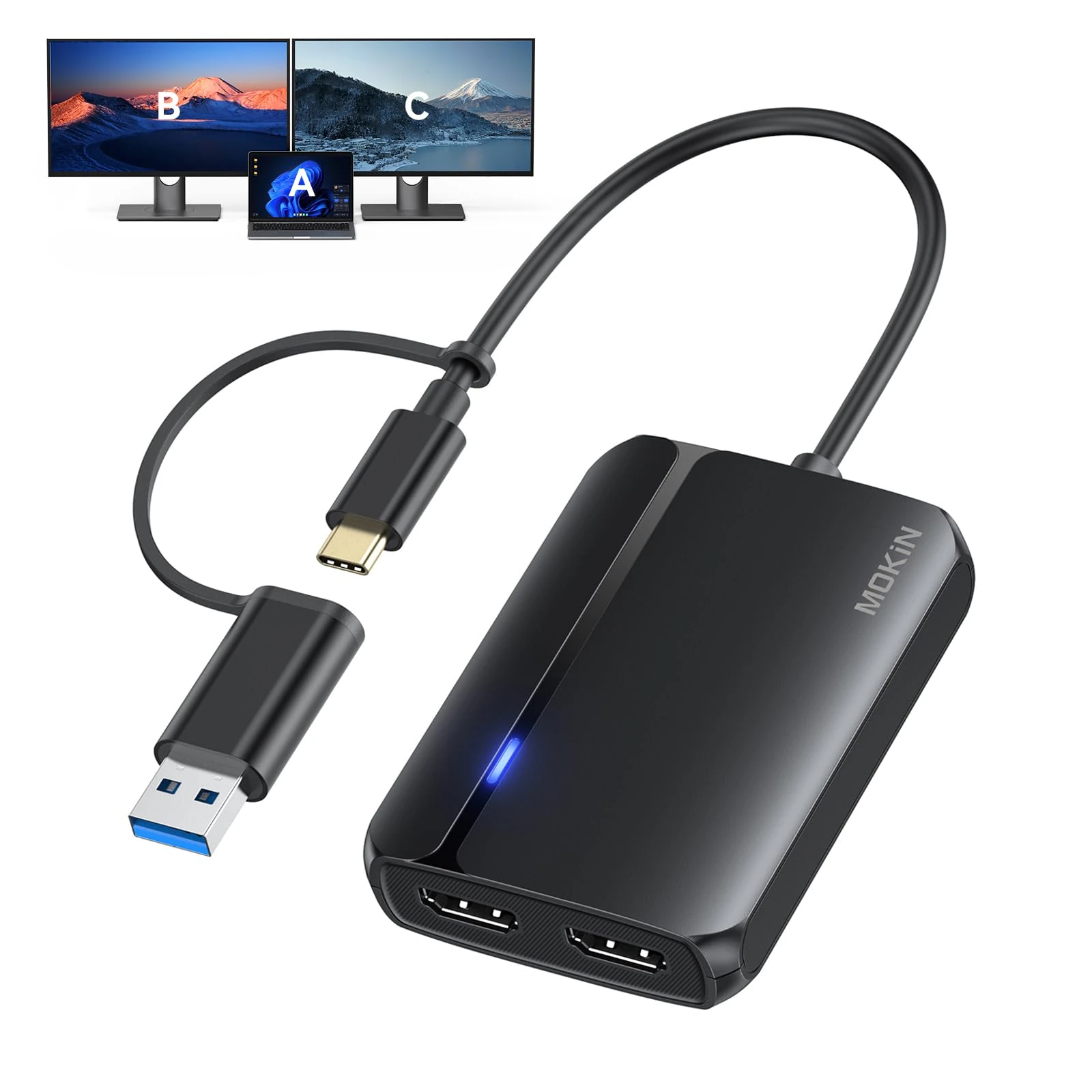 MOKiN HDMI Splitter for Dual Monitors, 4k@30hz HDMI Splitter Extended Display for Mac/Window, Usb C/Usb A 3.0 to Dual Hdmi Adapter for MacBook, Dell, Lenovo, HP, Chromebook Pixel, Surface Book etc
