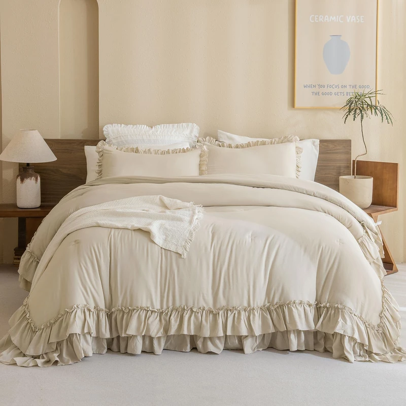Masaca Ruffled Comforter Set Queen,3-Piece Farmhouse Shabby Boho Chic Bedding,Ultra Soft Fluffy Ruffle Bed Comforter Set (1 Wheat Comforter+2 Ruffle Pillow Shams)
