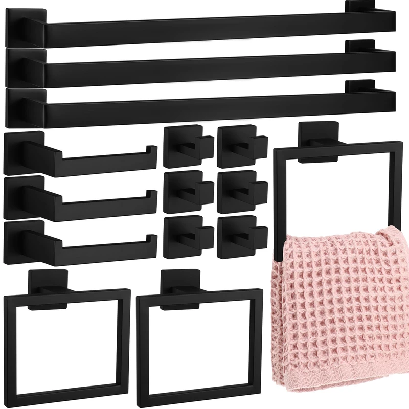 Gisafai 15 Pcs Bathroom Hardware Accessories Set, 23.6 Inch Bath Towel Bar Kit, Stainless Steel Bathroom Hardware Set, Towel Racks for Bathroom Wall Mounted Matte Black