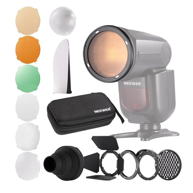 NEEWER CRM2 Magnetic Accessories Kit for Round Head Flash Z1-C/N/S Z2-C/N/S/F Z2Pro-C/N/S/F Compatible with Godox V1 Speedlites, Included 14pcs Flash Light Control Modifier Diffuser Adapter
