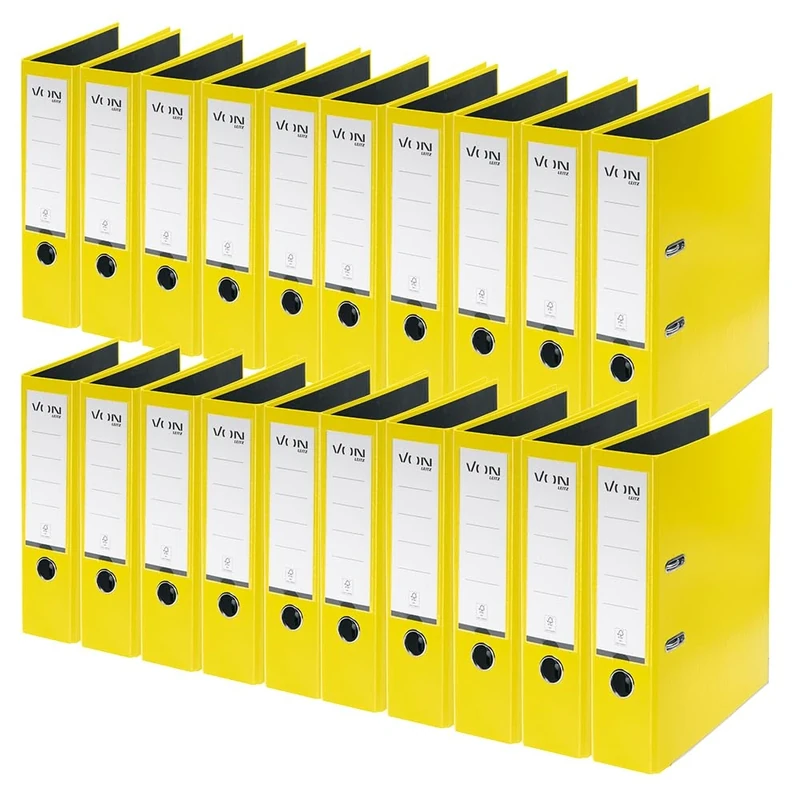 VON Leitz A4 Folder, Pack of 20, Cardboard with Plastic Cover, 80 mm Spine Width, for 600 Sheets, Blue Angel & FSC Certified, for School, Study & Home, Yellow, 10550015