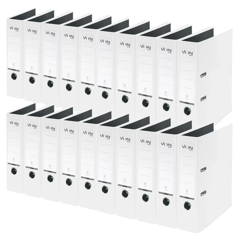 VON Leitz A4 Folder, Pack of 20, Cardboard with Plastic Cover, 80 mm Spine Width, for 600 Sheets, Blue Angel & FSC Certified, for School, Study & Home, White, 10550001
