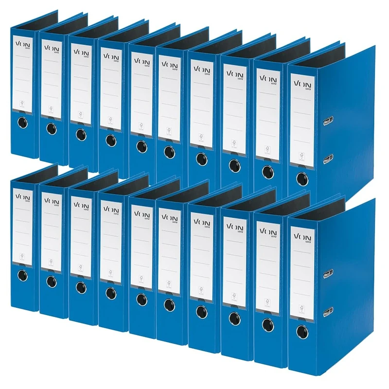 VON Leitz 10550035 A4 Folder, Pack of 20, Cardboard with Plastic Cover, 80 mm Spine Width, for 600 Sheets, Blue Angel & FSC Certified, for School, Study & Home, Blue