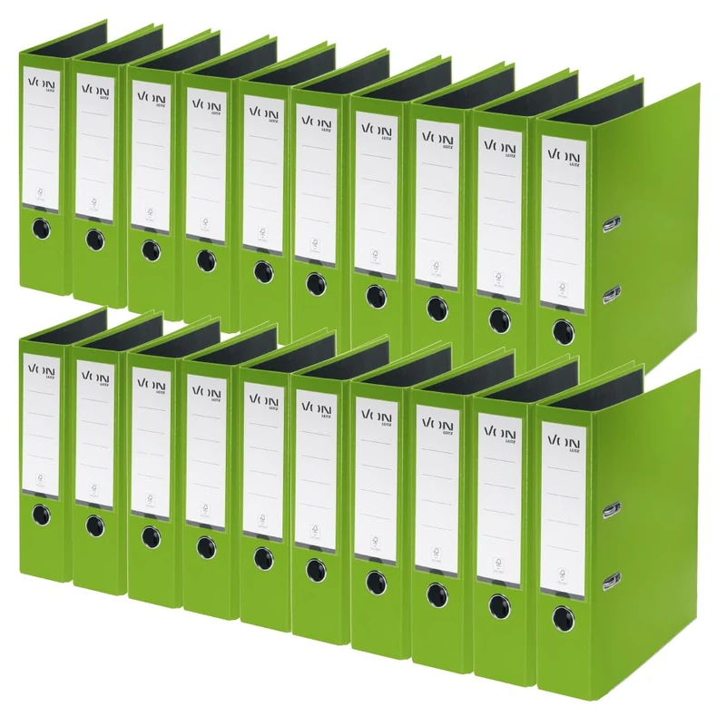 VON Leitz A4 Folder, Pack of 20, Cardboard with Plastic Cover, 80 mm Spine Width, for 600 Sheets, Blue Angel & FSC Certified, for School, Study & Home, Green, 10550055