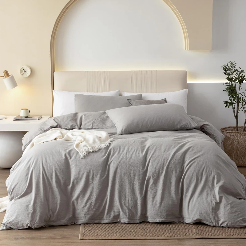 JIYUAN California King Washed Cotton Duvet Cover Set, Relaxed Linen Feel