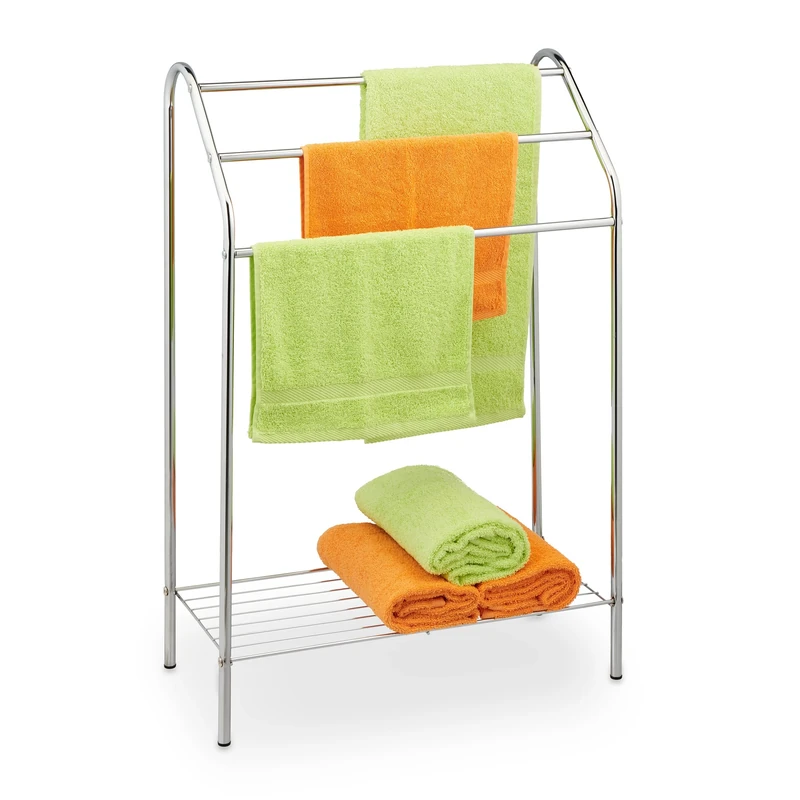 Relaxdays Towel Rack, 3 Bars, with Shelf, Free Standing, Steel, HWD: 83.5 x 57.5 x 25.5 cm, Bathroom and Shower, Silver