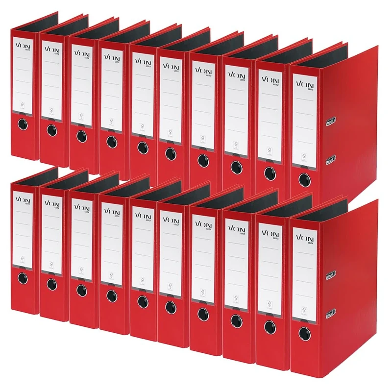 VON Leitz A4 Folder, Pack of 20, Cardboard with Plastic Cover, 80 mm Spine Width, for 600 Sheets, Blue Angel & FSC Certified, for School, Study & Home, Red, 10550025