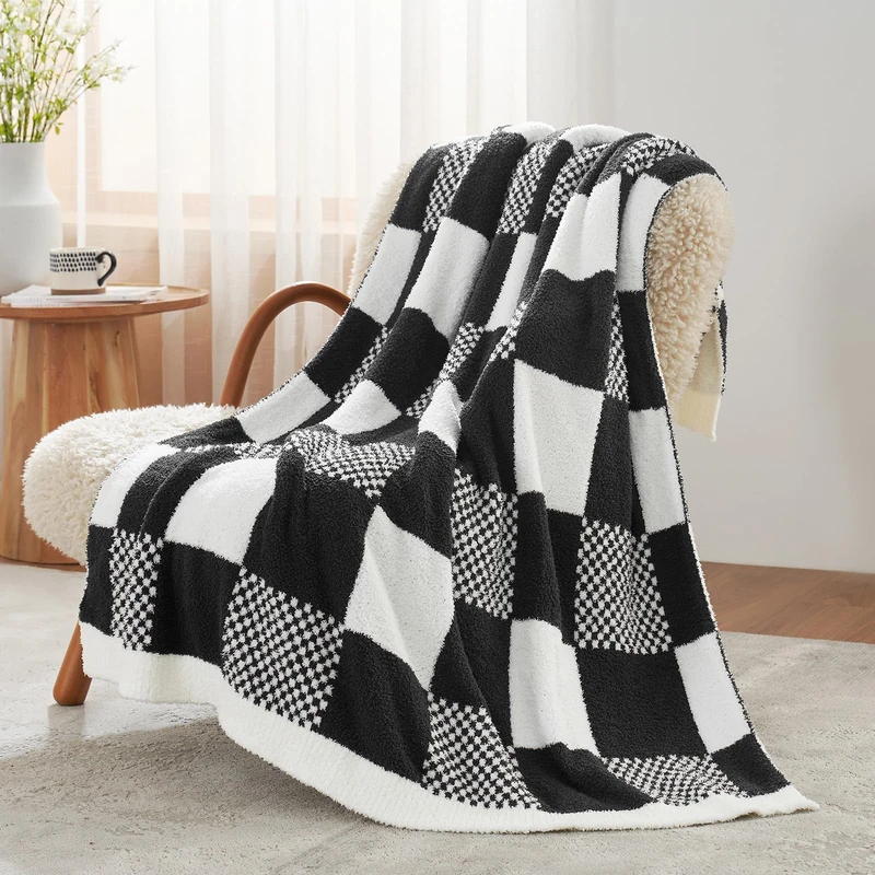 Snuggle Sac Checkered Throw Blanket, Black Buffalo Plaid Blankets Lux Microfiber Fuzzy Blanket for Couch, Reversible Cozy Knitted Blanket, Black White,50x60 inches