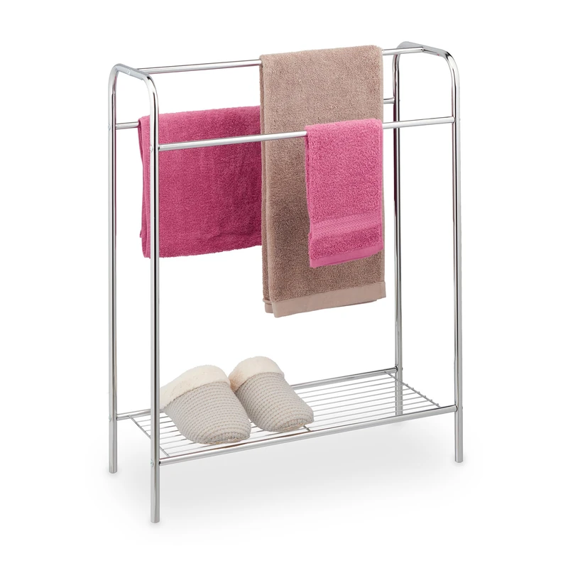 Relaxdays Towel Rack, 3 Bars, with Shelf, Free Standing, Steel, HWD: 78 x 63 x 26.5 cm, Bathroom and Shower, Silver