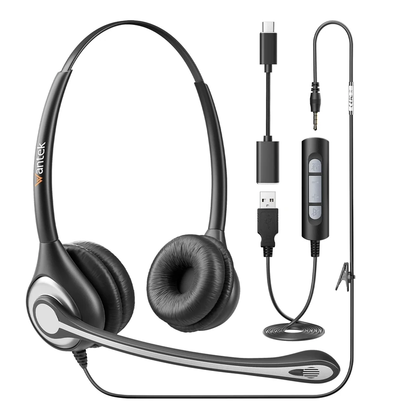 Wantek USB Headset with Microphone for Laptop,Type-c/USB/3.5mm Jack 3-In-1 PC Headphones with Mic Noise Cancelling,Computer headsets with Volume Control & Mute for Call Centers,Zoom,Home Office,VoIP