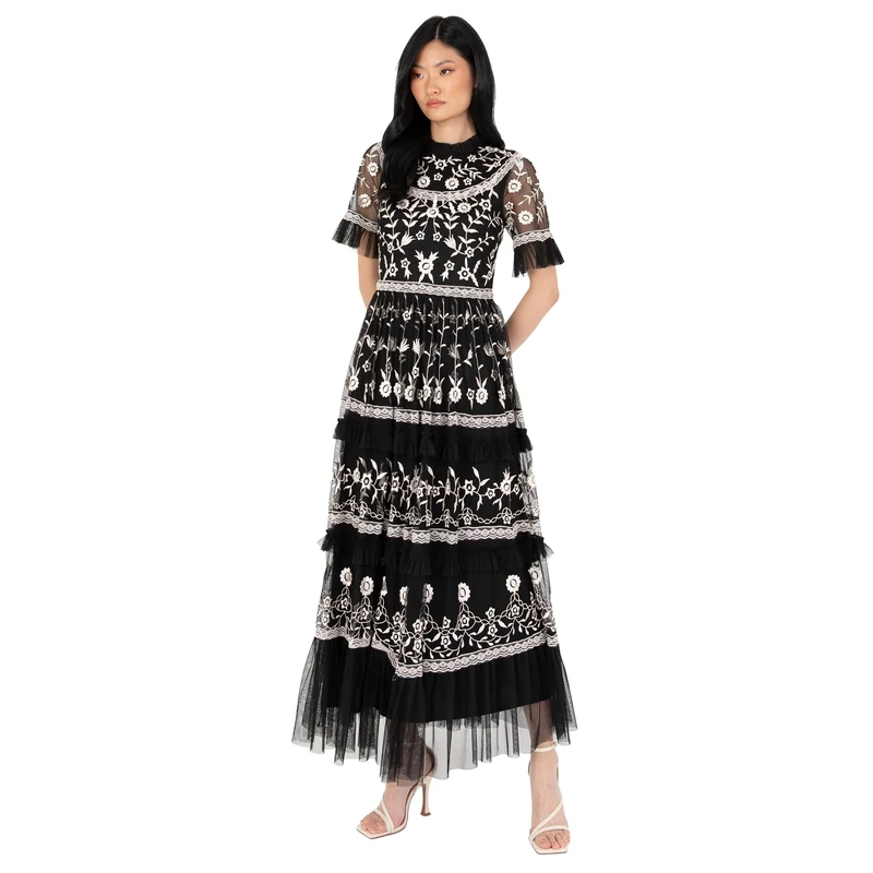 Women's Midaxi Dress Ladies Ruffle Frilly Floral Embroidered Tiered Ball Gown for Wedding Guest Prom Evening Occasion, Black, 12