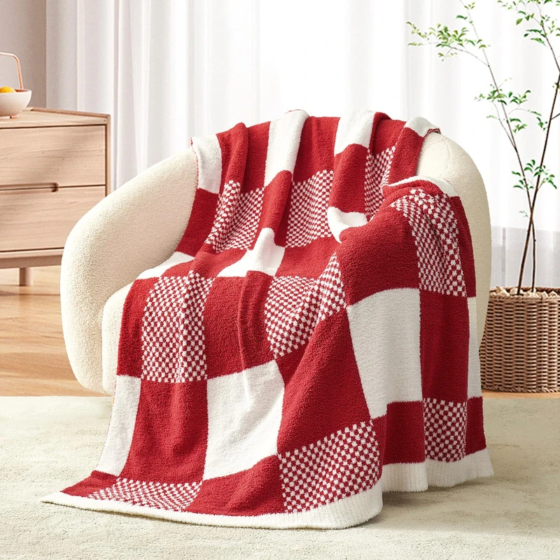 Snuggle Sac Red Checkered Throw Blankets, Buffalo Plaid Throw Blanket Ultra Soft Warm Lux Microfiber Yarn Blanket for Couch, Reversible Cozy Knitted Blanket,Red White,50x60 inches