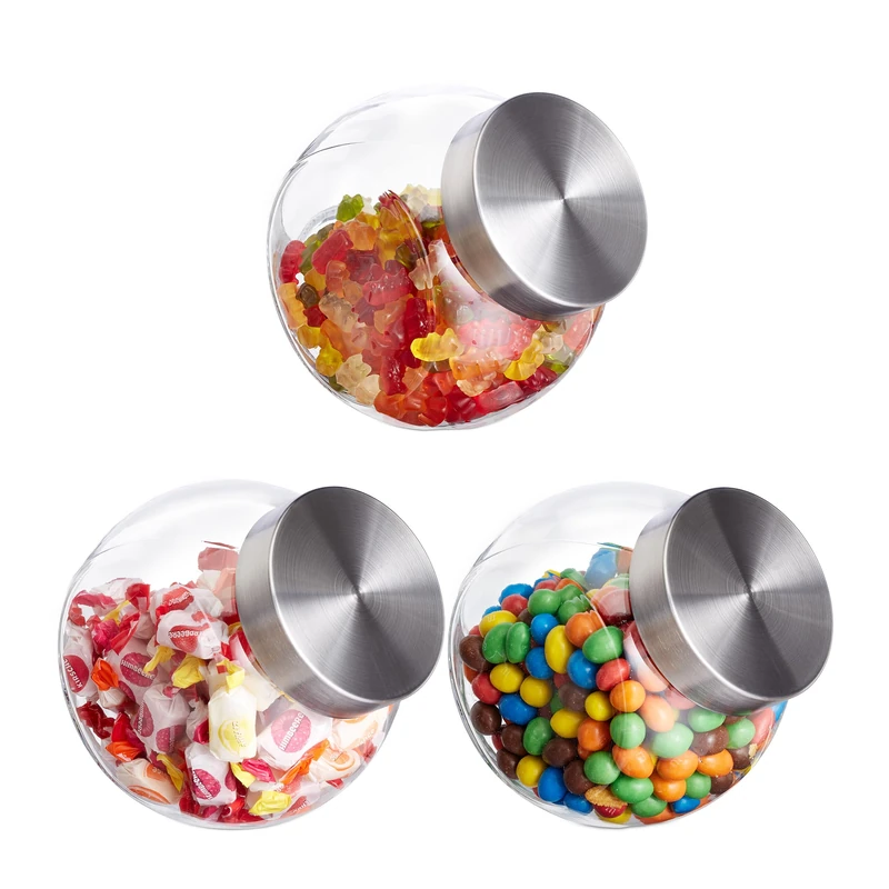 Relaxdays Set of 3 Candy Jars, Volume 1.5 L, Storage Containers for Sweets, Food, Candy Bars, Stainless Steel Lid, Clear